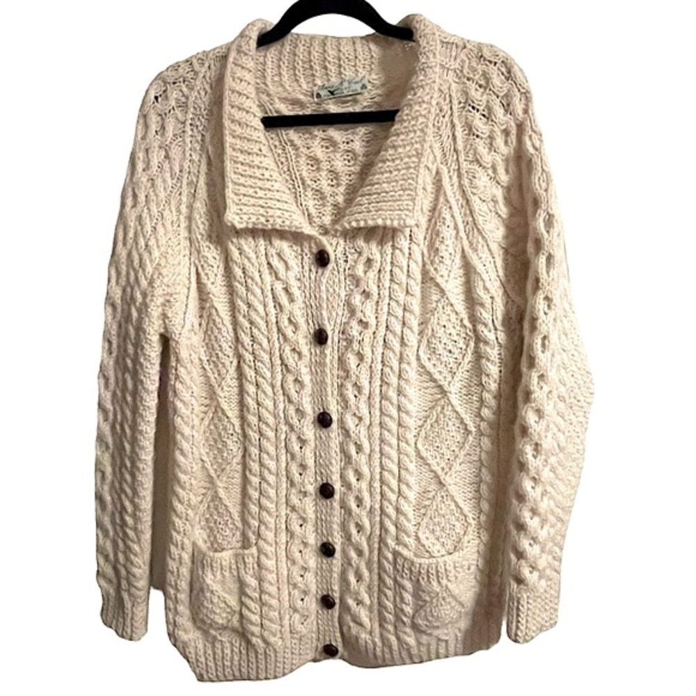 Anne McCool Designs Pure Irish Wool Cream Cable Knit Cardigan Sweater Size M